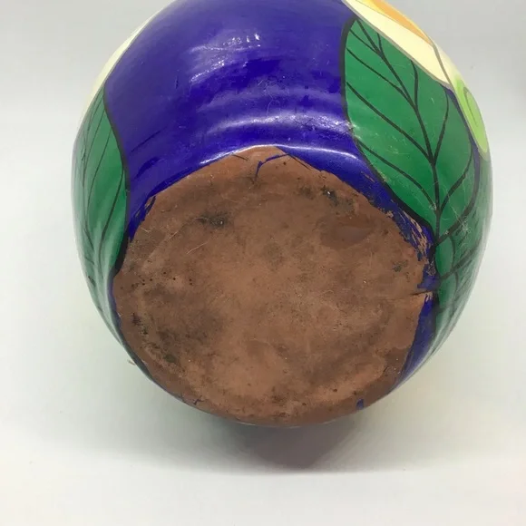 Vtg Mexican Blue Calla Lily Flower Hand Painted Red Clay Vase Pottery Folk Art - Picture 6 of 7
